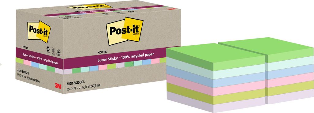 Post-it Super Sticky Recycling Haftnotizen Bunte 47x47mm 12 Blöcke Set