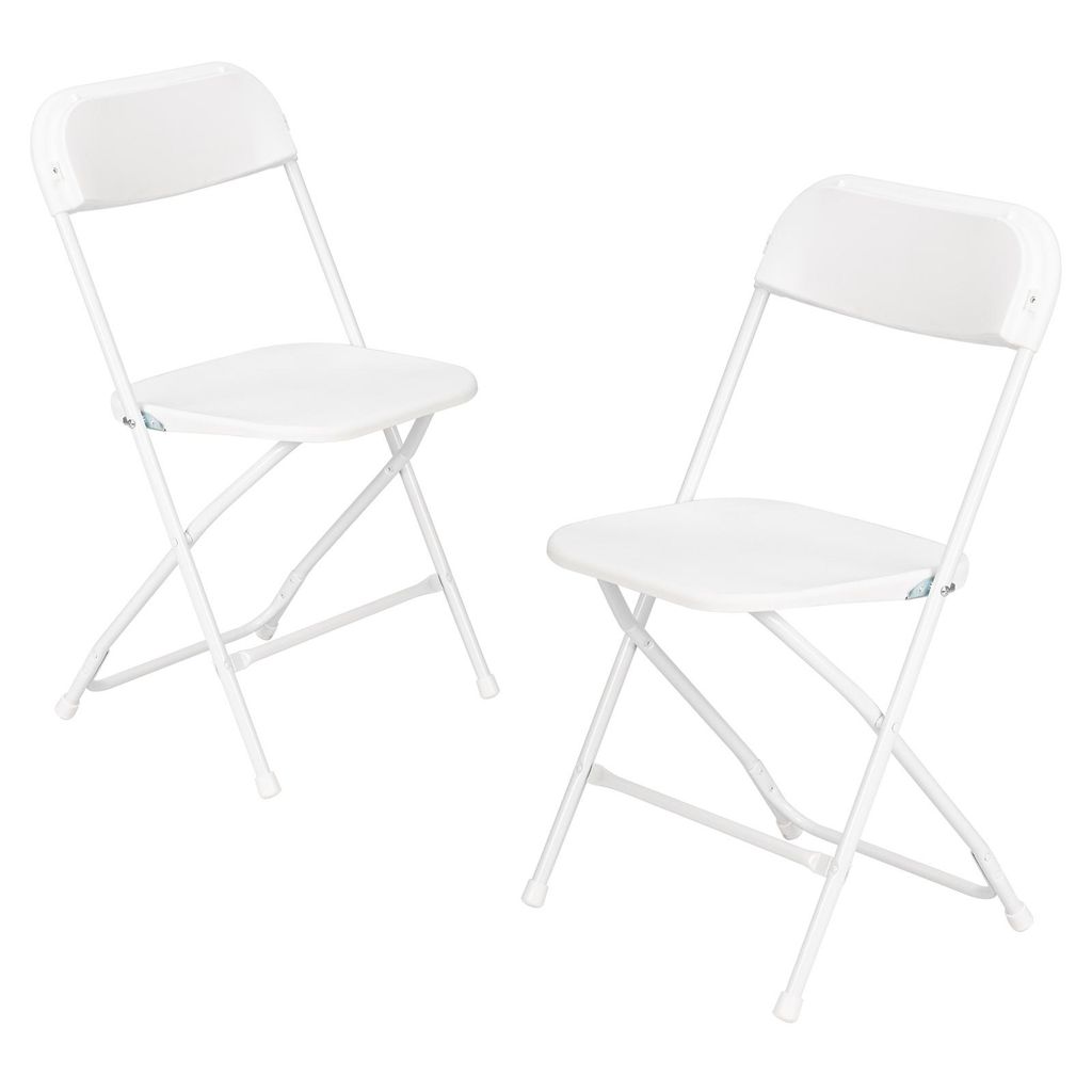 Two white folding chairs are shown against a white background.