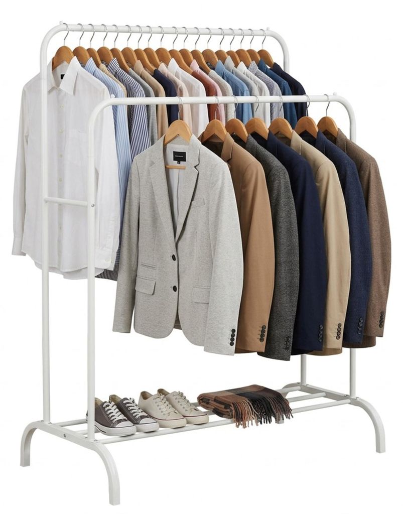 Relaxdays Kleiderständer, H x B x T: 146 x 110 x 56 cm, mit Ablage & 2 Kleiderstangen, Doppelgarderobe, Metall, weiß