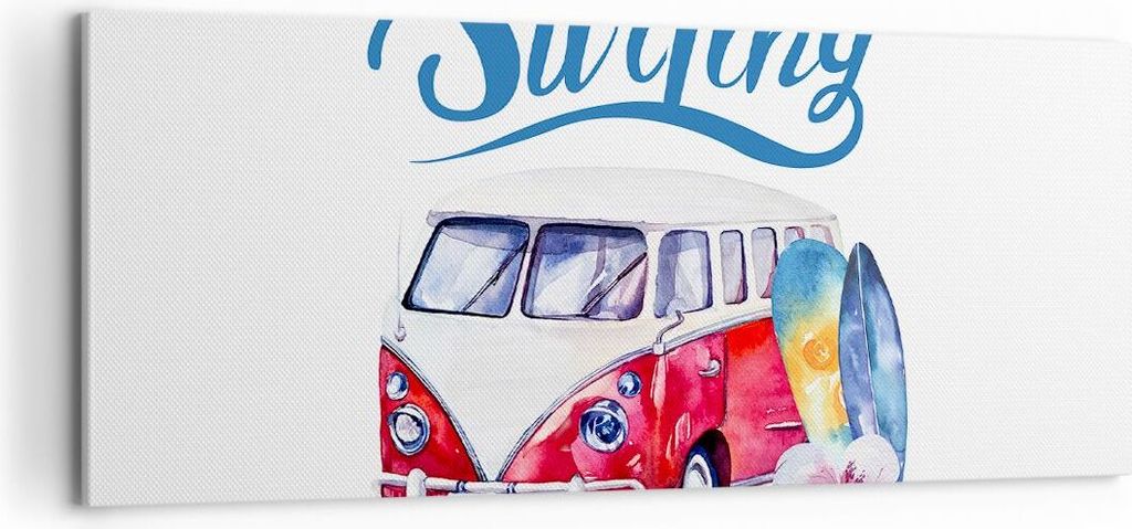 Bild auf Leinwand - Leinwandbild - Aquarell Surfbrett Palme Bäume - 100x40cm - Wand Bild - Wanddeko - Leinwanddruck - Bilder - Kunstdruck - Wandde...