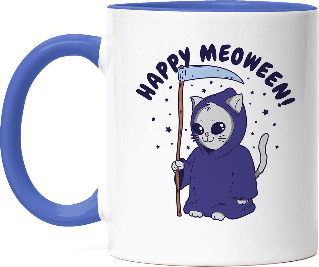 Happy Moeween Tasse Blau Katze Mietze Kater Cat Humor Sarkasmus Oktober Tod Sensenmann Axt Happy Halloween