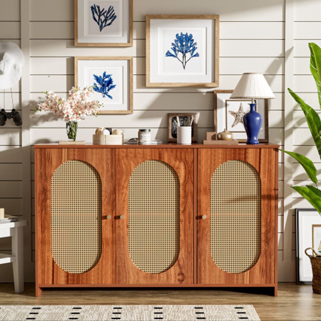 Sideboard mit 3 Türen, großem Stauraum, künstlichen Rattantüren und Metallgriffen, Akzentmöbel für Esszimmer, Wohnzimmer und Küche