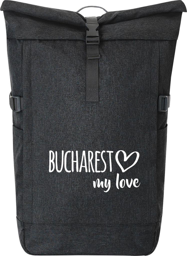 Huuraa Kurierrucksack Bucharest my love 30-44 Liter Black Melange Fairtrade Rolltop Rucksack Geschenkidee