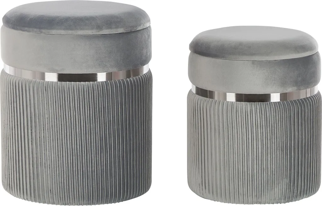 Pouf Coffre en Velours Gris Clair et Métal Chic - Ensemble de 2 Pièces
