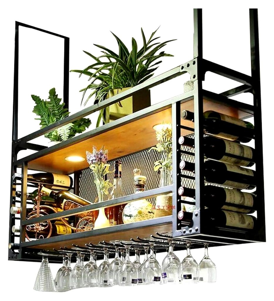Deckenregal Hängend Weinregal mit Glasablage, 2-Lagiger Schwimmende Regale,für Bars/Restaurants/Küchen(160cm)