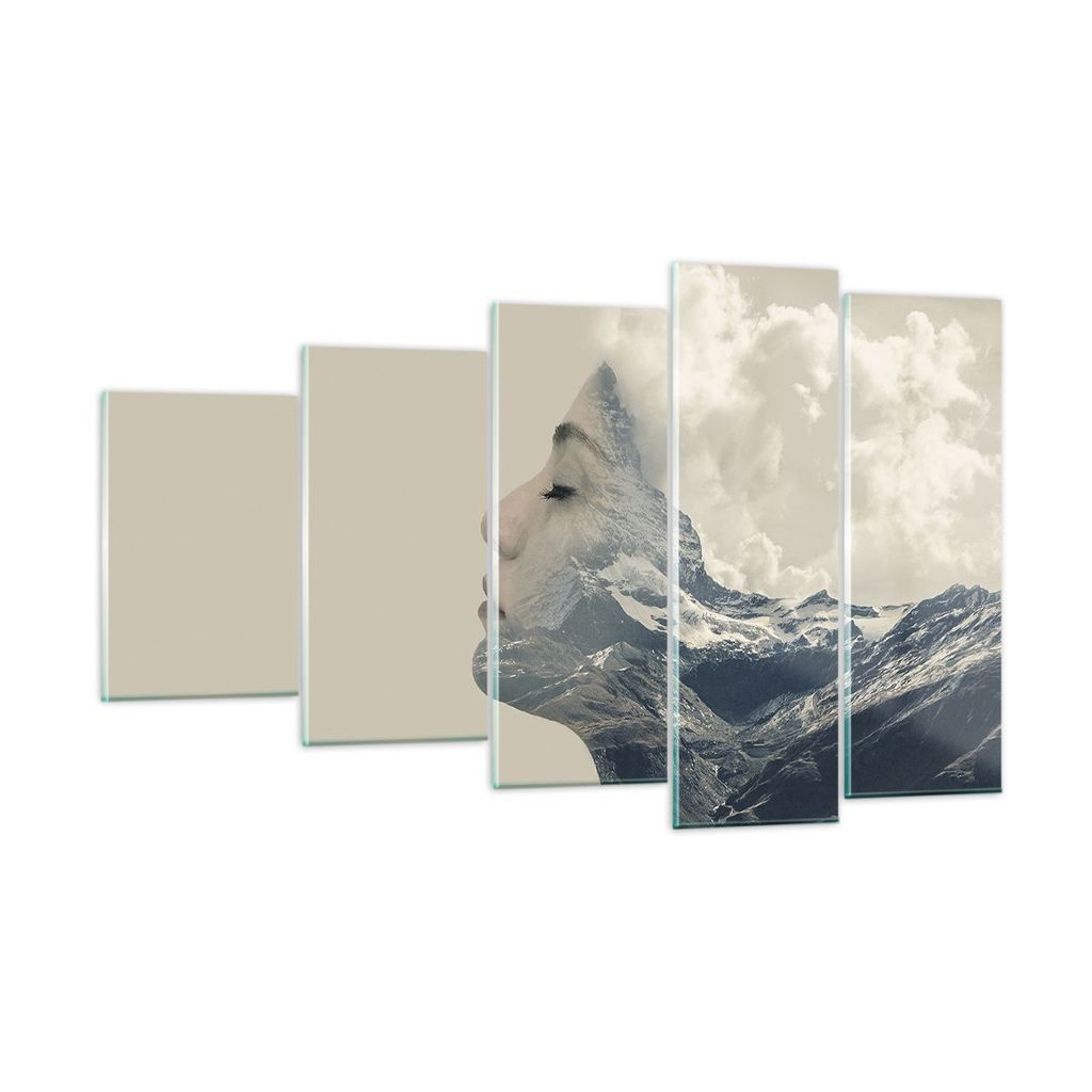 Bilder auf glas - 5 Teile - Grafik Frau Berge - 100x60cm - Glasbilder - Wandbilder - Bilder - zum Aufhängen bereit - Wanddekoration aus Glas - Gla...