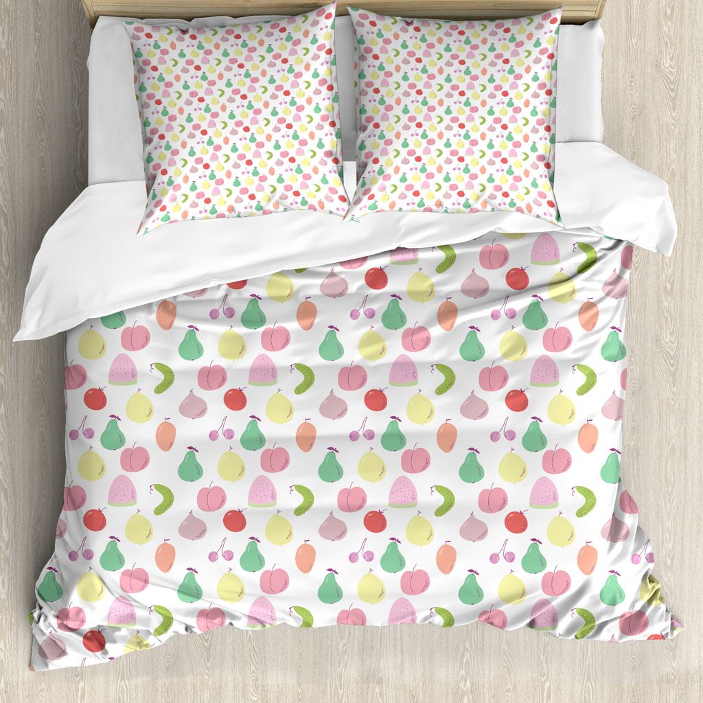 ABAKUHAUS Frucht-Kunst Bettbezug Set für Einzelbetten, Birne, Apfel, Kirsche und Fig, Milbensicher Allergiker geeignet mit Kissenbezug, 200 cm x 2...