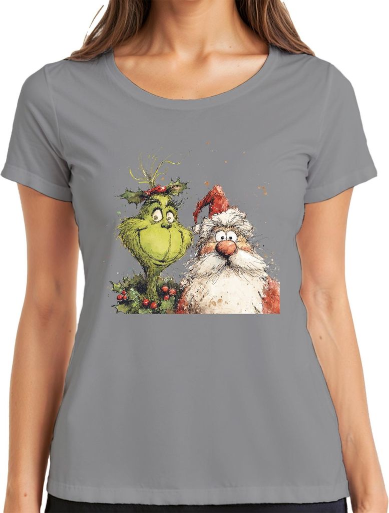 Grinch Weihnachtsmann lustig Weihnachten Geschenk Cartoon Retro Damen T-Shirt, Grau, XL