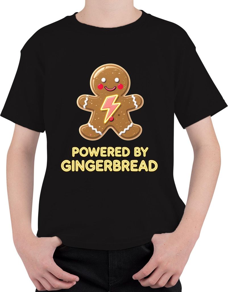 Powered by Gingerbread Weihnachten Geschenk Lebkuchen Retro funny Uni Kinder T-Shirt, Schwarz, 140
