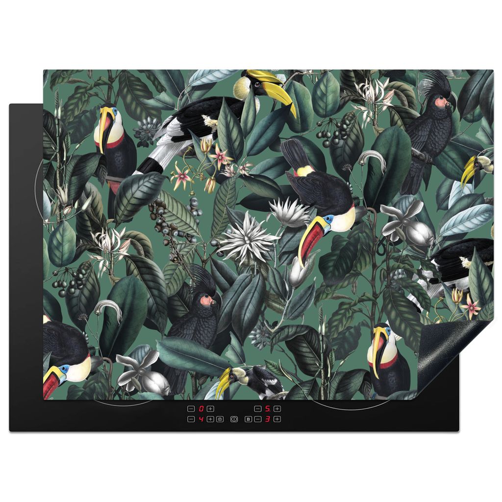 KitchenYeah Herdabdeckplatte Blumen - Vogel - Collage , 70x52cm, Küche Deko, Glaskeramikkochfeld Herdabdeckung, Abdeckplatte fùr Kochfeld