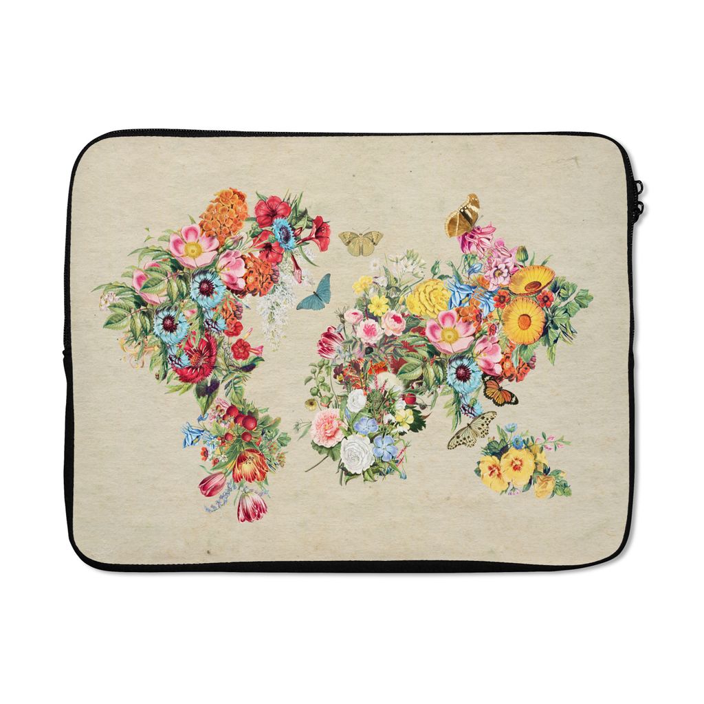 MuchoWow Laptop Hülle 17 Zoll Laptoptasche Weltkarte - Vintage - Blumen - Zipper - Schutzabdeckung