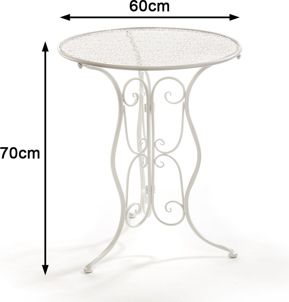 A white metal bistro table with decorative scrollwork on its legs, shown against a white background with dimensions indicated.
