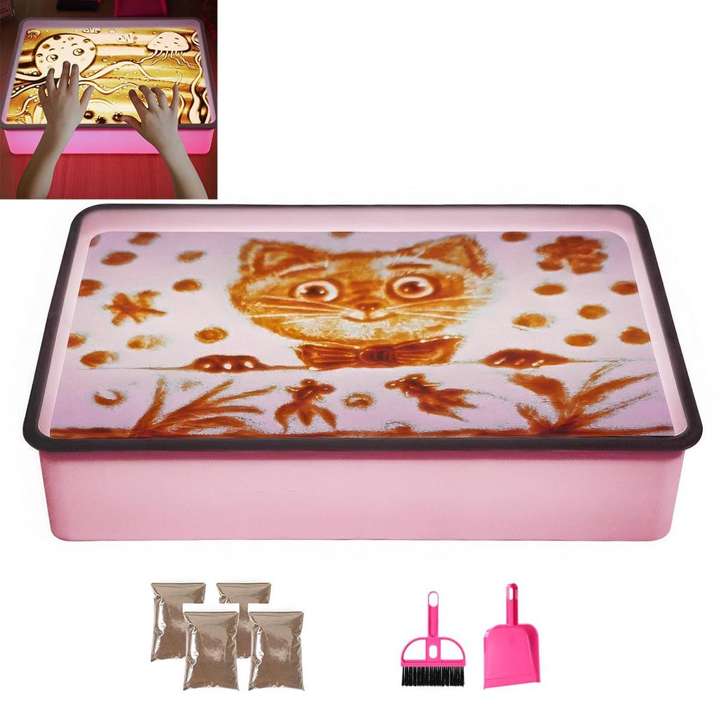 Sandmalerei Lichtkasten für Kinder mit 2 Packungen NatursandSand, Sandtablett Set für Kinder Sand Sensory Spielzeug ab 3 Jahr, 40x28x9cm (Rosa)