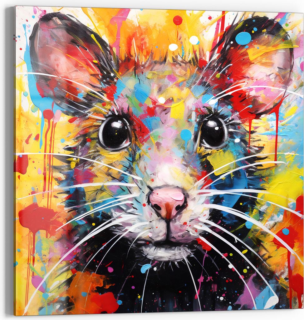 DEQOART Glasbild Echtglas 30x30 cm 'Maus im Farbrausch' Wandbild Bild modern Deko