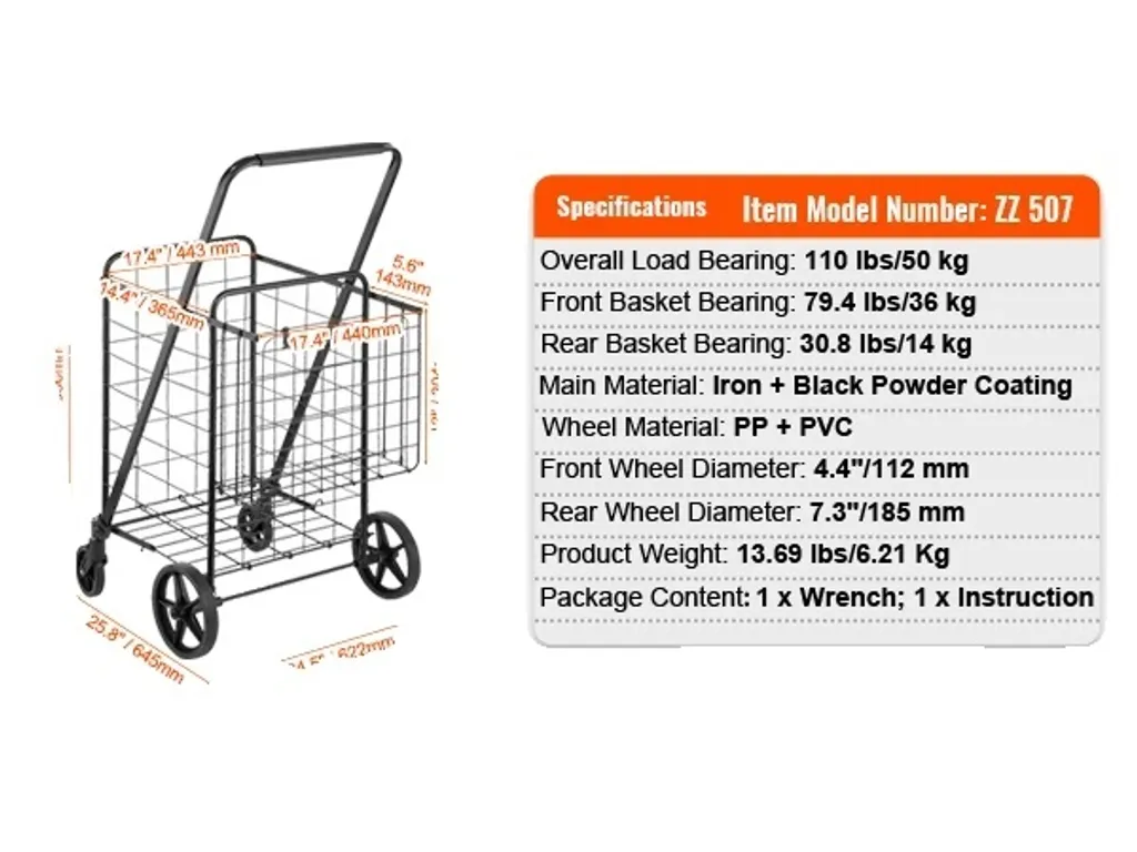 Chariot de supermarché grande capacité 106LBS avec roues pivotantes 360°