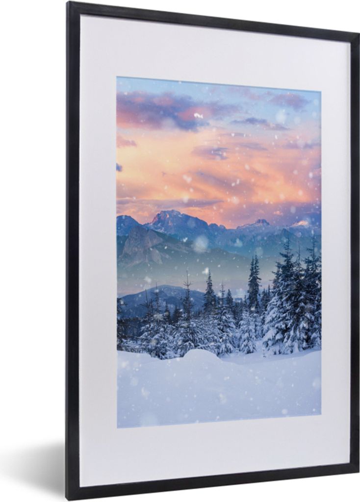 MuchoWow Gerahmtes Poster Schnee - Himmel - Wald - Winter 40x60 cm - Poster mit Schwarzem Bilderrahmen Wandposter Rahmen Foto Bilder - Poster in ...