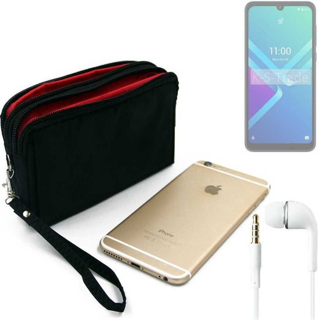 TOP SET kompatibel mit Wiko Y82 Handy Hülle Gürteltasche schwarz + Kopfhörer Travel Bag Travel-Case mit Diebstahlschutz praktische Schutz Hülle