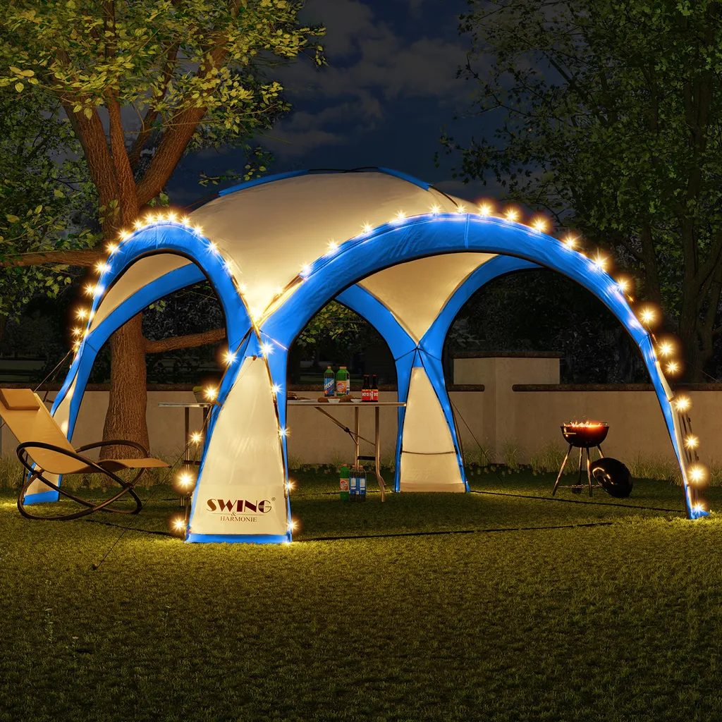 Tente de Jardin Dôme XXL 4m50 avec Éclairage Solaire LED Bleu Marine