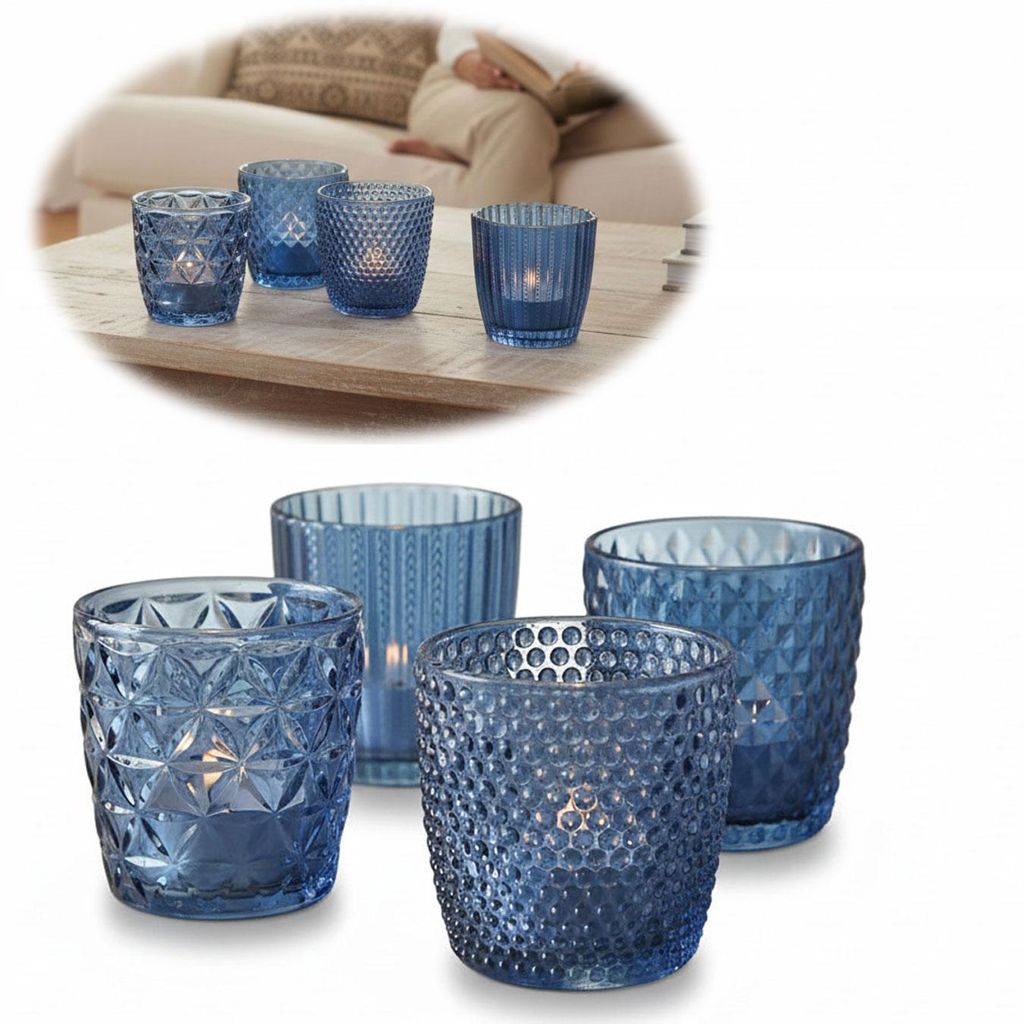 LS-LebenStil 4 ́er Set Glas Teelichthalter Retro Blau 7cm Teelichtglas Windlichthalter Kerzenhalter Kerzenglas Kerzenständer für Teelichter
