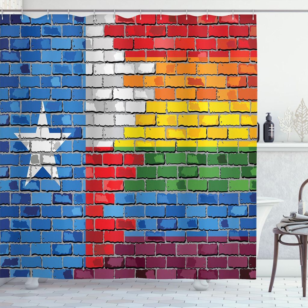 ABAKUHAUS Austin Duschvorhang, Ziegelmauer Textured Grungy Bild Gemalt in Texas Flagge und Regenbogen-Farben Design, 175 x 220 cm, Mehrfarbig