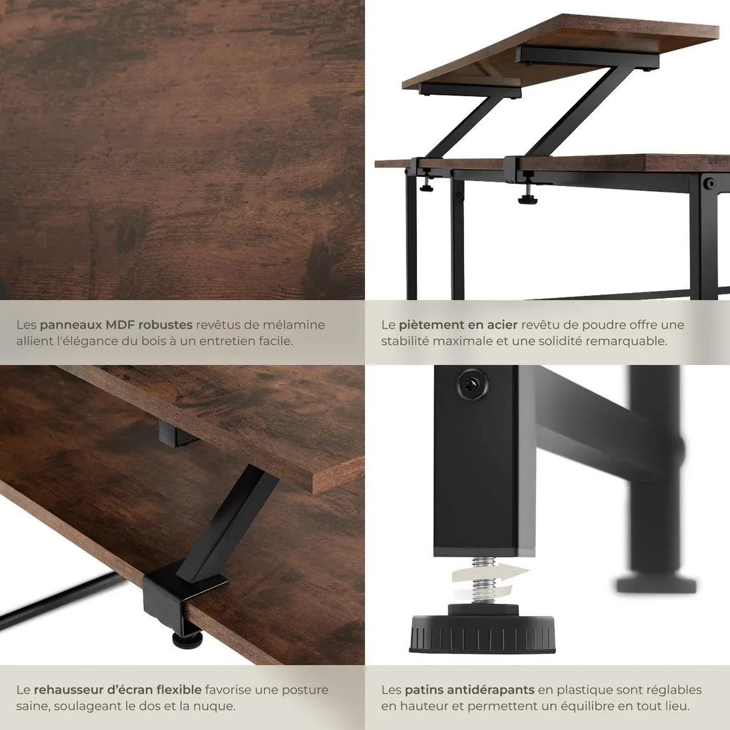Bureau informatique d'angle MELROSE en bois rustique et métal noir - 4
