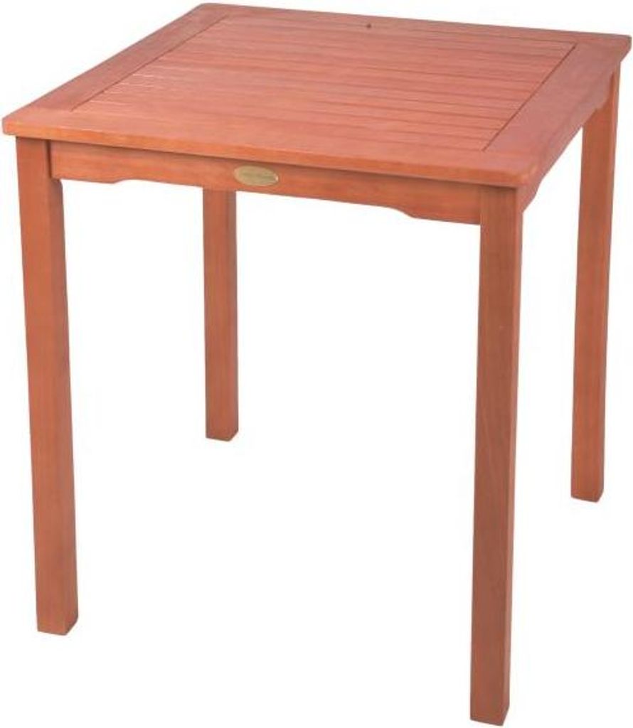 A square wooden table with a slatted top and four legs, presented against a white background.