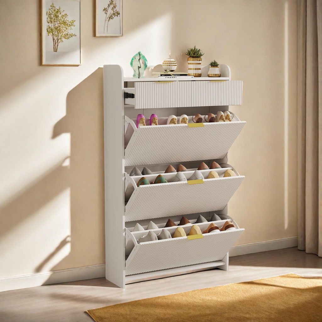 UnboxG Weißer Schuhschrank 77,1×24,2×133,5 cm – Schuhkommode mit Ablagefläche, 2-in-1 Stauraum mit Klappfächern und Schublade, Schuhregal f...
