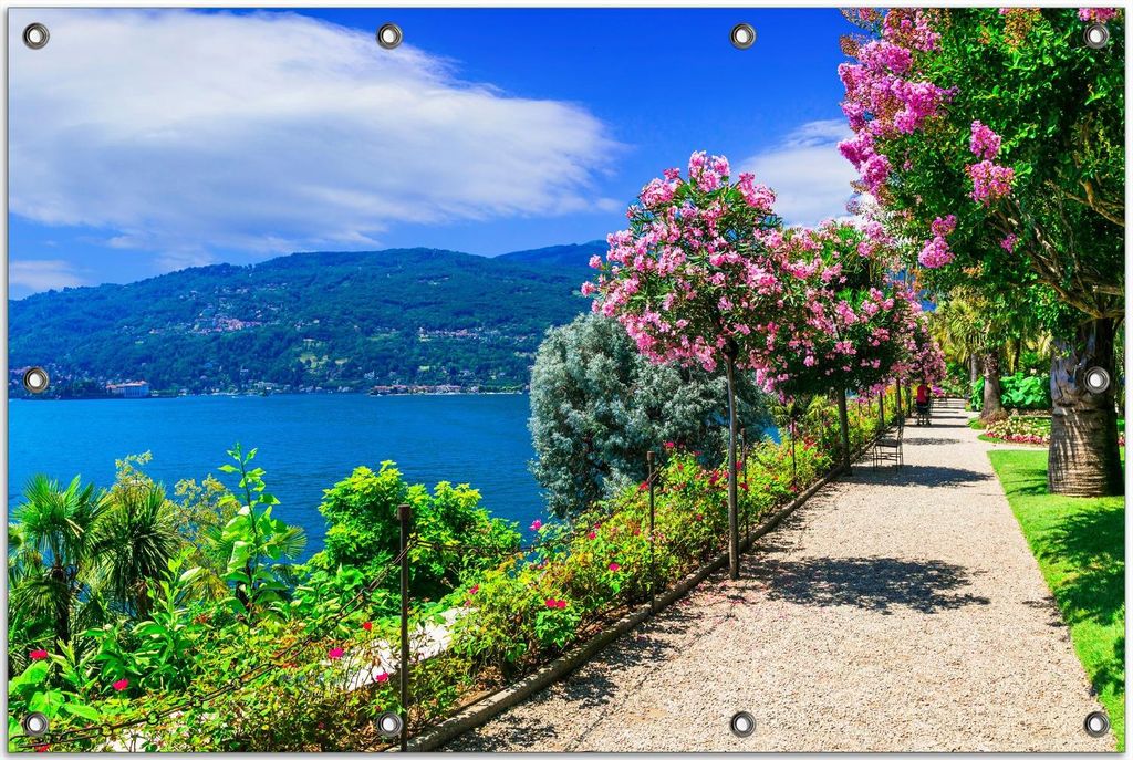 Wallario Outdoor-Poster für Garten oder Balkon, Motiv Blütenpromenade am Seeufer, in ca. 80 x 120 cm