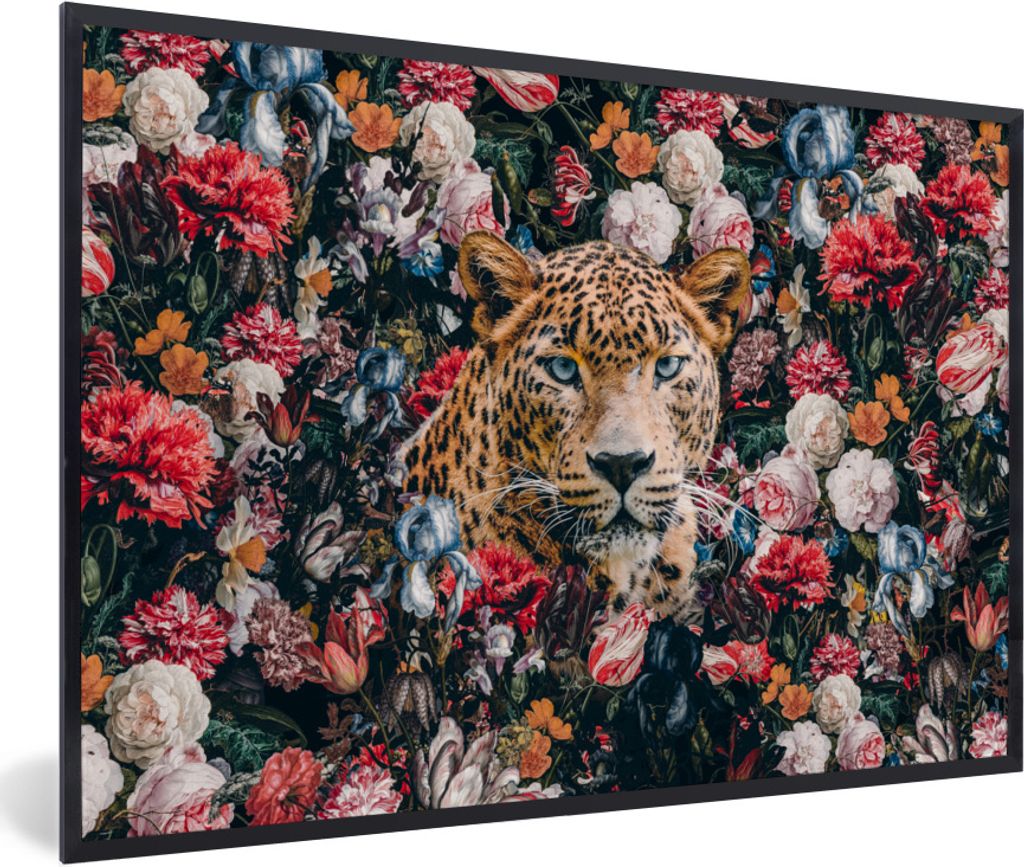 MuchoWow® Gerahmtes Poster Leopard - Blumen - Tiere 90x60 Produktbild 