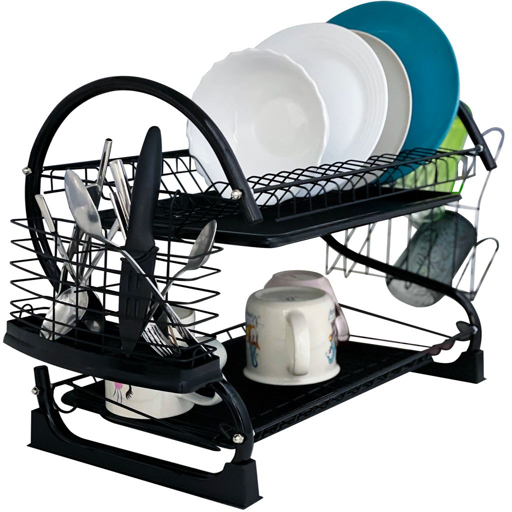 A black two-tier dish drying rack filled with plates, bowls, cups, and cutlery.