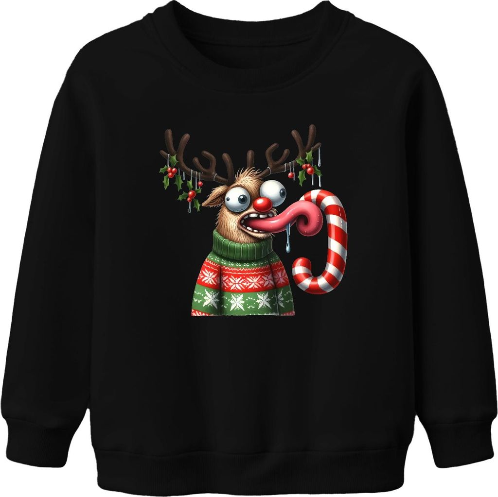 Weihnachten Verrücktes Rentier Zuckerstange lustig Cartoon Uni Kinder Sweatshirt Pullover, Schwarz, 116