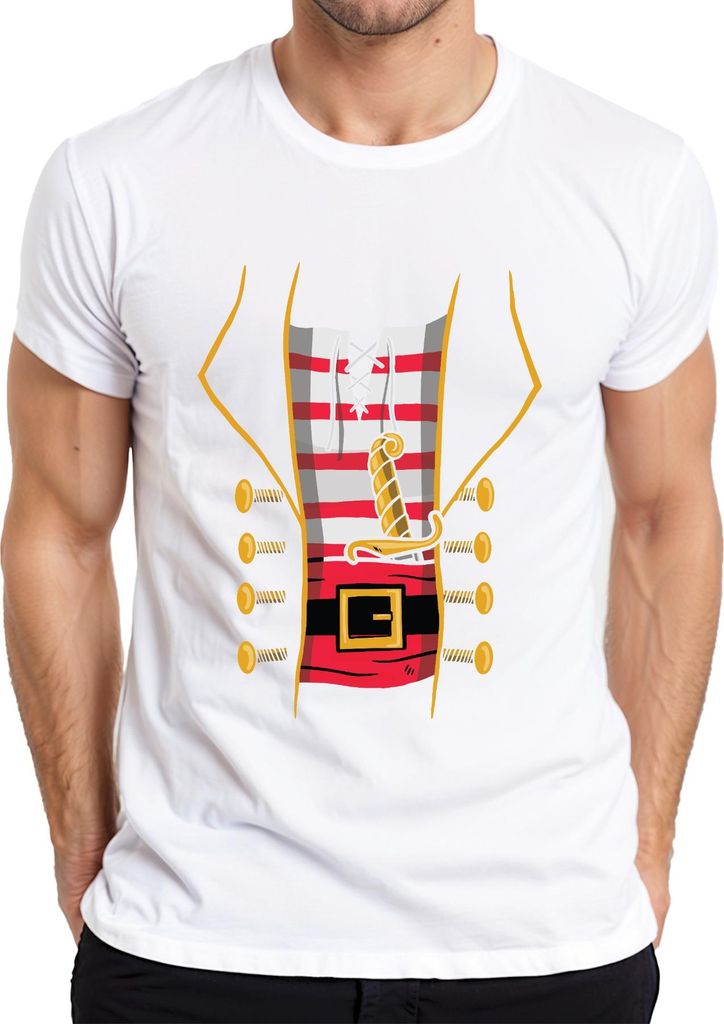 Pirat Korsar Säbel Gürtel gestreift Knöpfe Karneval Vintage Herren T-Shirt, Weiß, XL