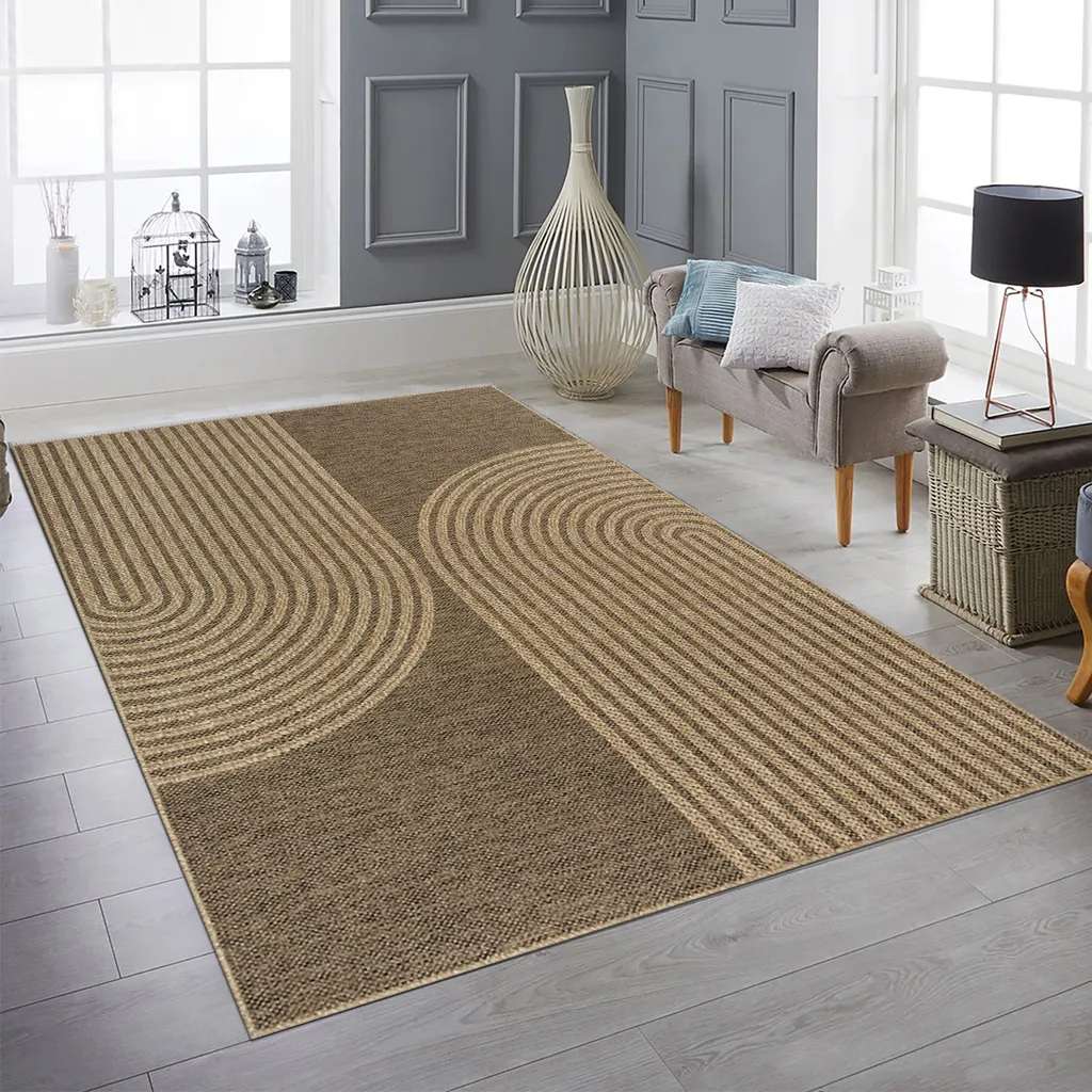 Grand tapis 160 x 230 cm motif arc résistant aux UV beige et marron