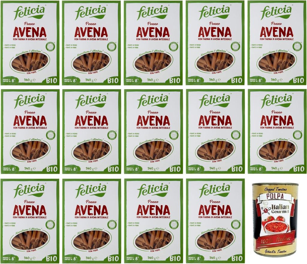 14x Felicia Penne Avena,Pasta con Farina di Avena integrale,Nudeln mit Vollkorn-Haferflocken,Bio und Natürlich Glutenfrei,Packung mit 340g + Itali...