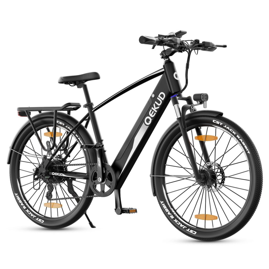 A black electric bicycle is shown against a white background.