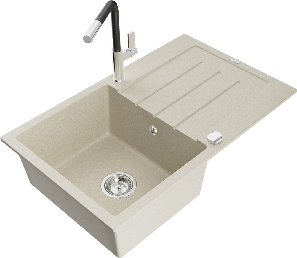Mexen Bruno 1 Becken-Granitspüle mit Abtropffläche und Mischbatterie Flora, Beige - 6513-69-670401-07