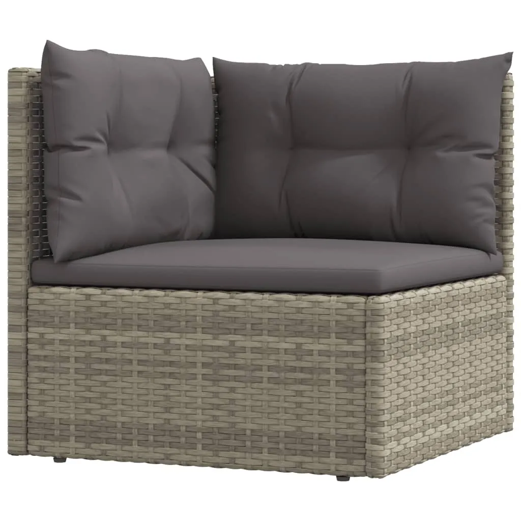 Divano da giardino angolare con cuscini in poly rattan grigio