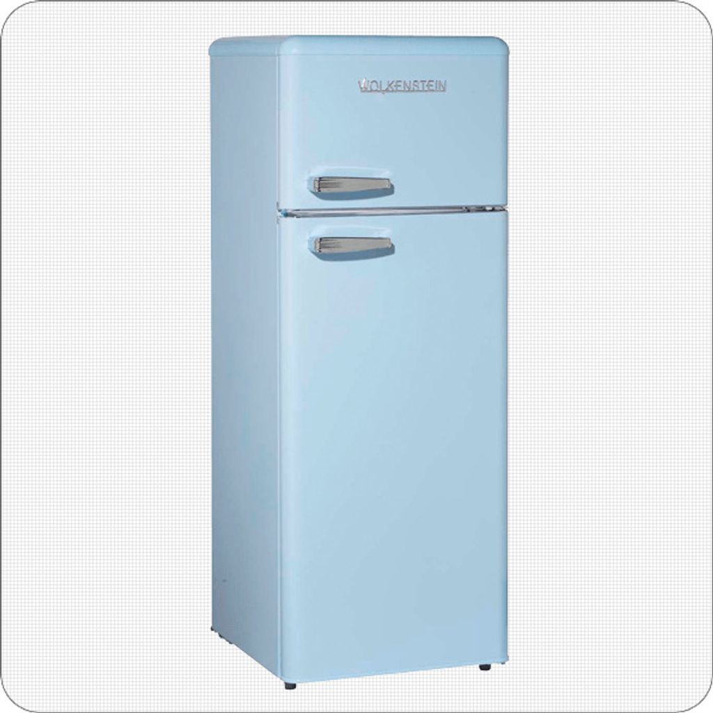 A light blue retro-style refrigerator with a freezer compartment on top.