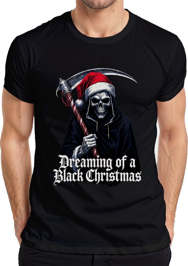 Dreaming of a Black Christmas Sensenmann Totenkopf Gothic Santa Herren T-Shirt, Schwarz, M
