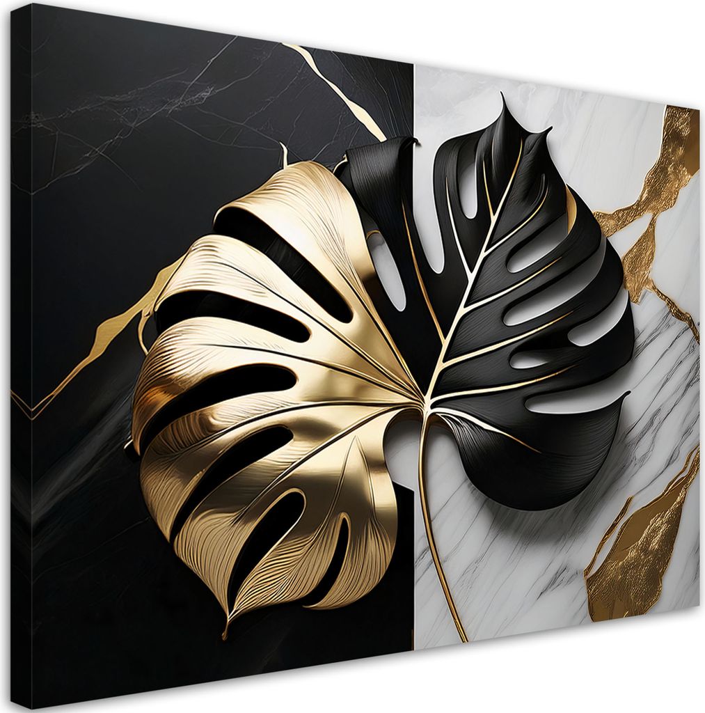 Leinwandbild Monstera Gold-Schwarz auf weiß-schwarzem Hintergrund 60x40 Feeby Schwarz-Weiß bild für die wand bereit zum aufhängen