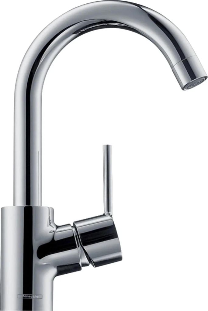 A studio shot of a single chrome faucet against a white background.
