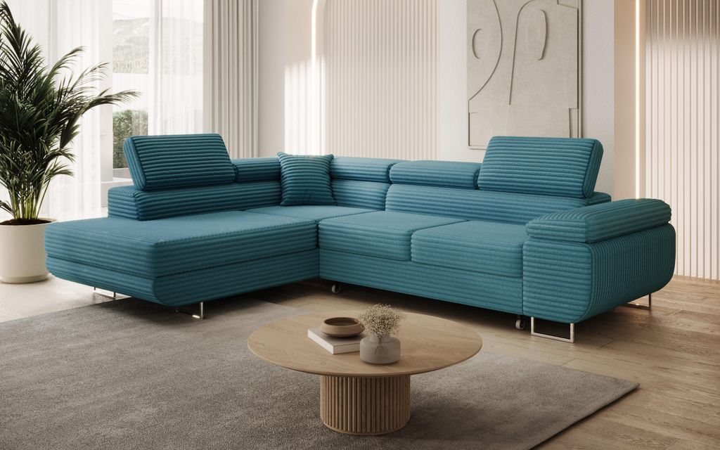 Modernes Ecksofa ASTON mit Schlaffunktion & Bettkasten, Ausziehbare Wohnlandschaft in L-Form, Stauraum, Schlafsofa, Links