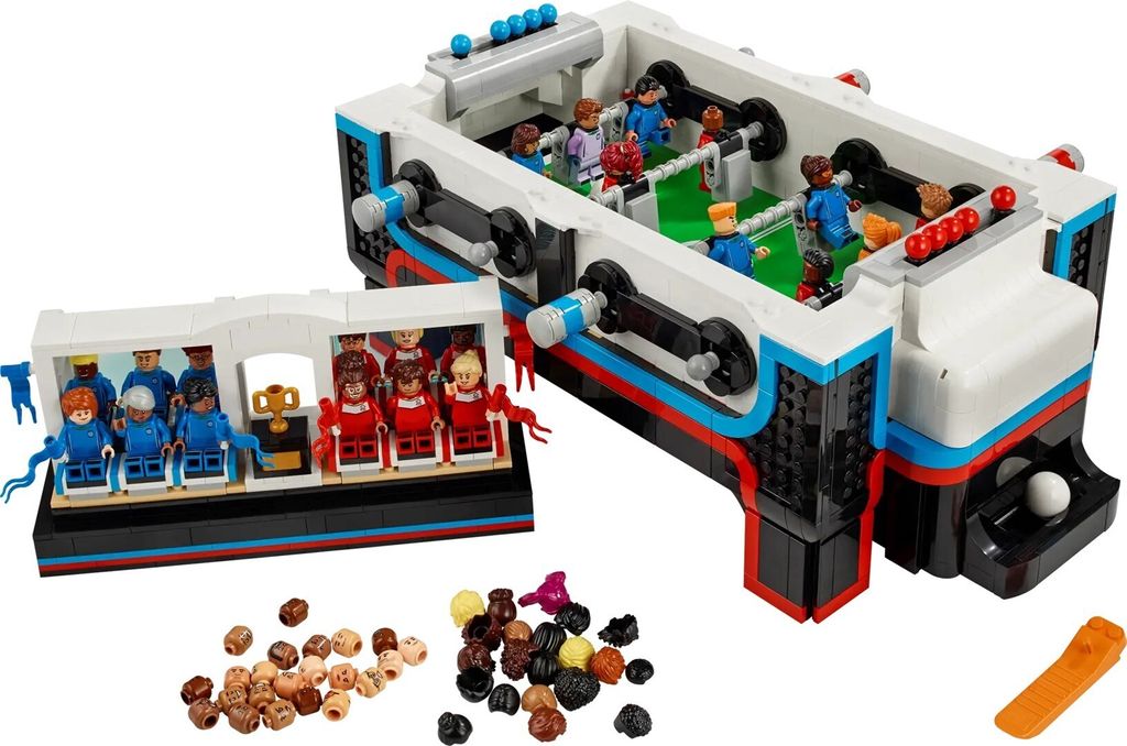 A LEGO Ideas 21337 Table Football set is displayed with its components and accessories.