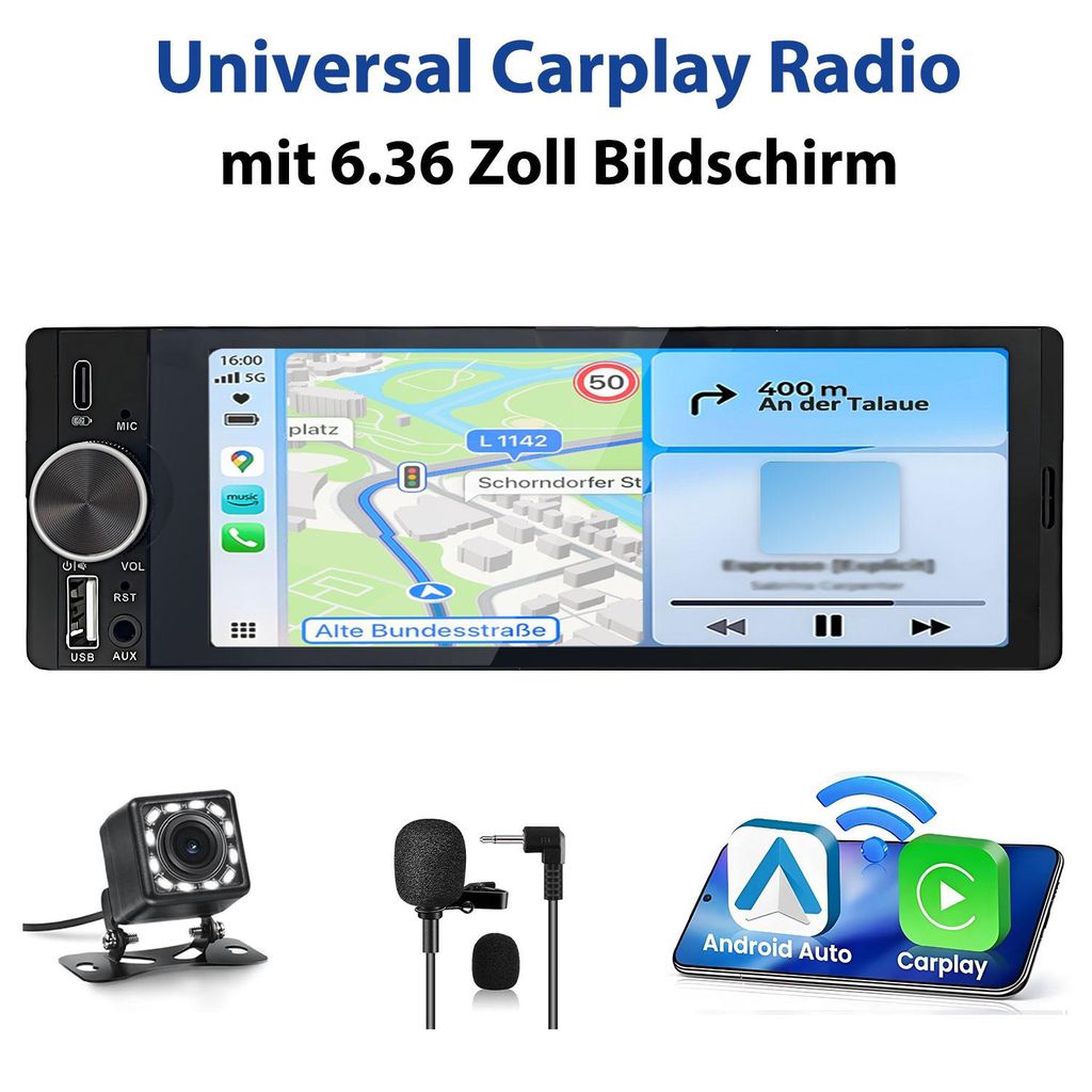 1-DIN Autoradio mit kabellosem CarPlay & Android Auto, 6,36 Produktbild 