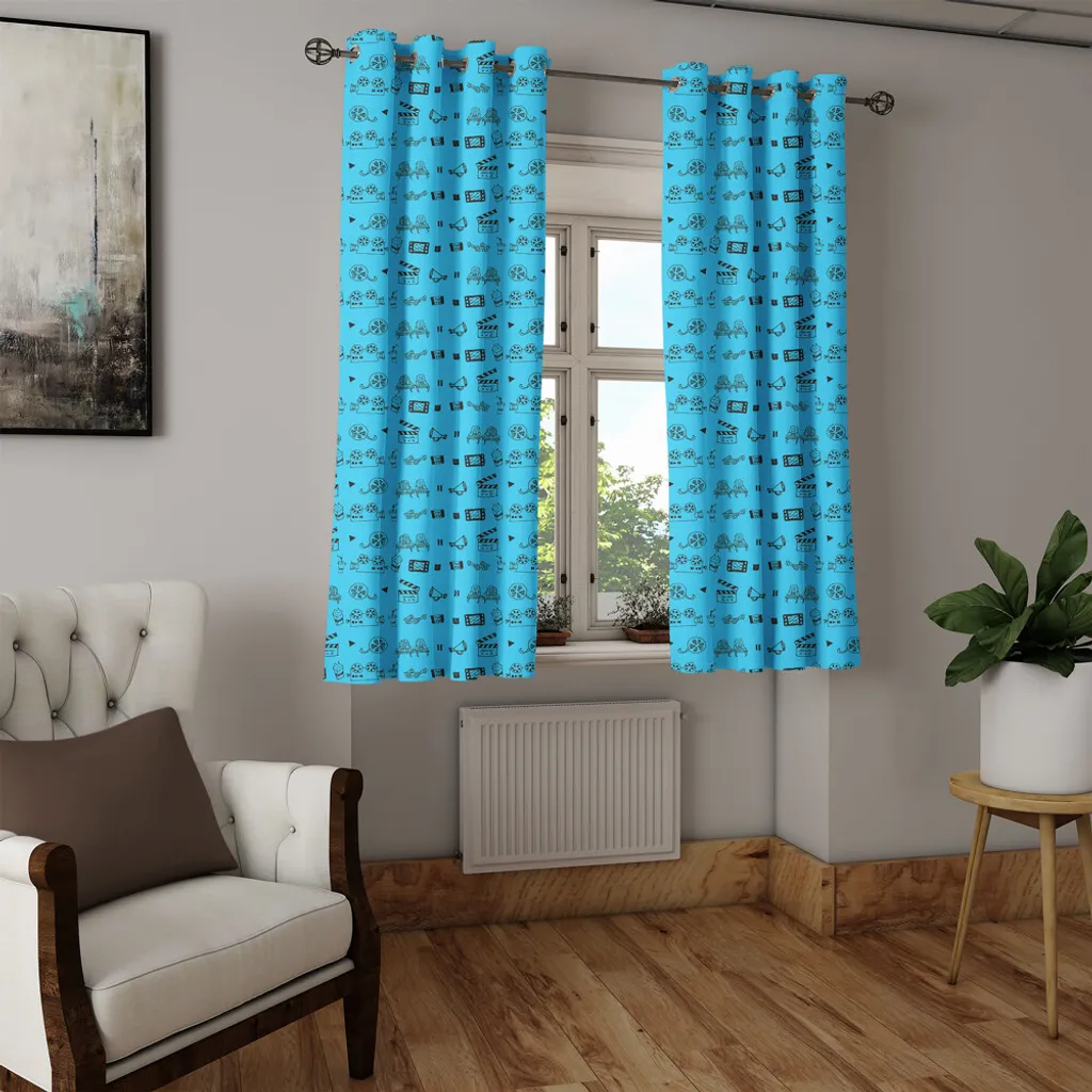 ABAKUHAUS Tenda con occhielli blu e nera, iconografie cinematografiche e teatrali scarabocchiate, macchina fotografica, sedie, popcorn, valvola a cerniera, tende decorative a 2 pannelli, 280 cm x 175 cm, azzurro e nero - 7