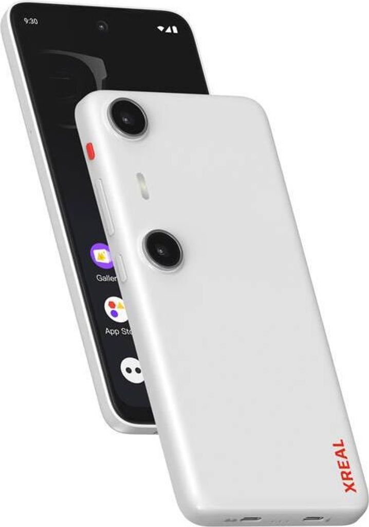 A white XREAL Beam Pro device is shown diagonally in front of a black smartphone.