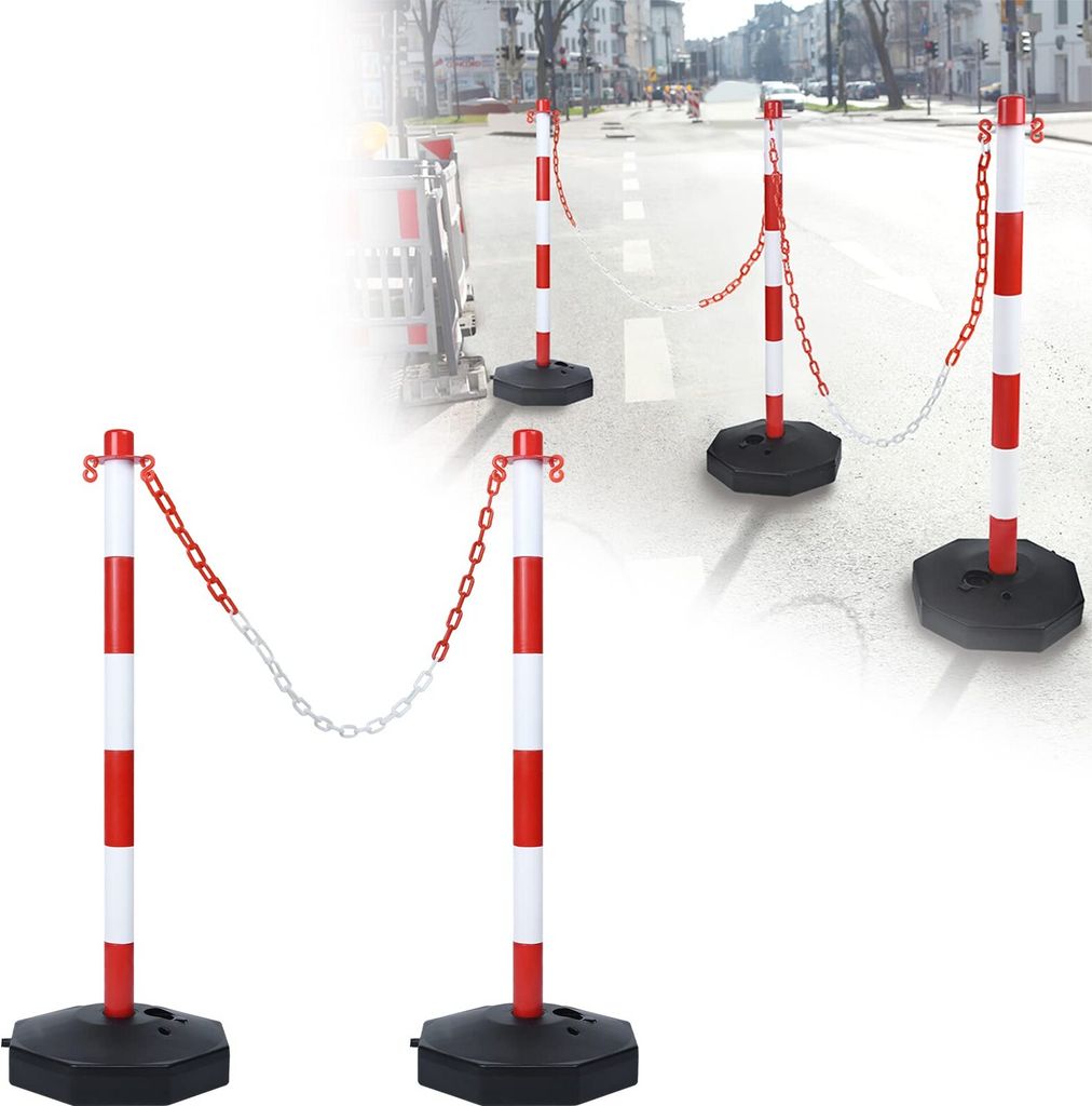 TRMLBE Absperrpfosten 2 pcs Kunststoff Poller mit 140cm Absperrkette & PE Basis Pfosten PP Absperrung 82cm Leitpfosten Flexibel Leitkegel inkl. War...