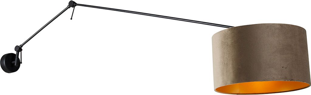 QAZQA - Modern Wandleuchte schwarz mit Veloursschirm Taupe 35 cm verstellbar - Blitz I Wohnzimmer I Schlafzimmer - Stahl Länglich - LED geeignet E27