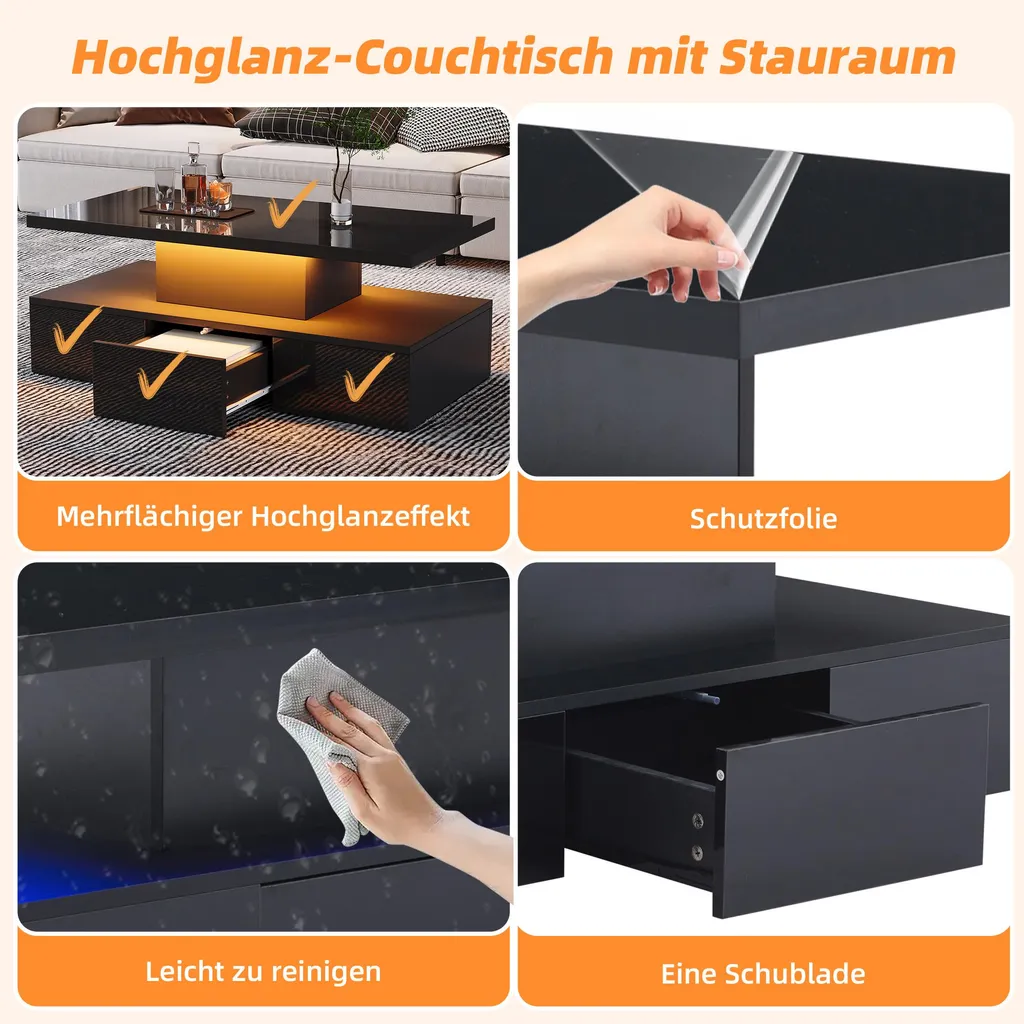 Table basse noire brillante LED télécommandée avec tiroir de rangement - 5