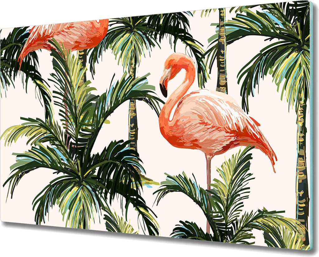 Glas-Herdabdeckplatte Glaskeramikkochfeld-Abdeckung Spritzschutz - 80x52 cm - Flamingo und Palmen
